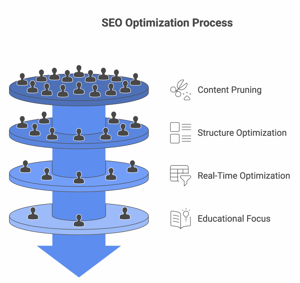 A diagram titled SEO Optimization Process shows four stacked layers A diagram by Digital 6ix Best SEO Company Toronto titled SEO Optimization Process shows four stacked layers with icons and labels: Content Pruning, Structure Optimization, Real-Time Optimization, and Educational Focus. People icons appear on each layer.