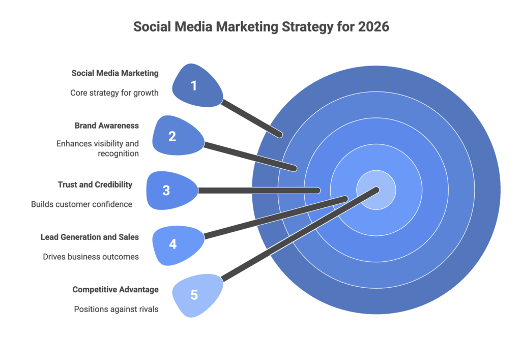 Social Media Marketing Strategy 2026 Strategic roadmap infographic for businesses investing in social media management in Toronto 2026 showing algorithm advantages consistent posting benefits and multicultural targeting opportunities.