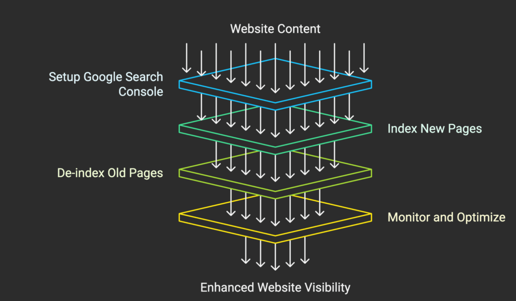 Indexing & De-indexing Pages Using Google Search Console A layered diagram showing steps to enhance website visibility: setup Google Search Console, de-index old pages, optimize content, index new pages, monitor results, with arrows connecting each layer.