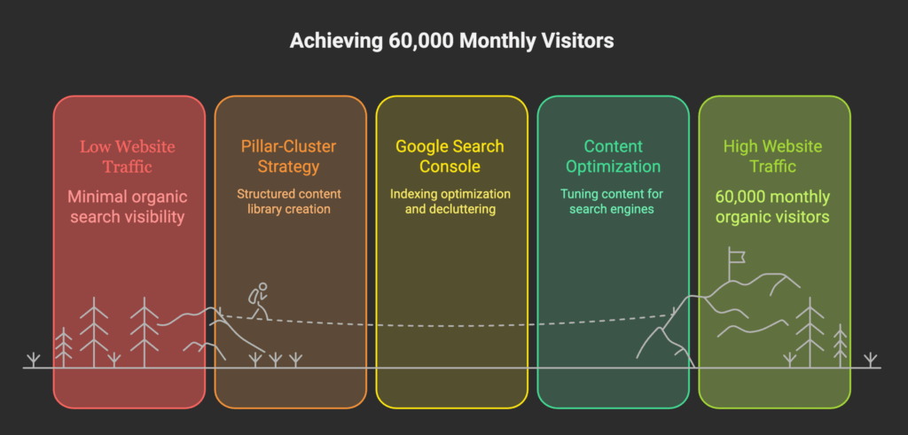 The SEO Framework Behind the Growth A five-stage diagram outlines steps from low website traffic to achieving 60,000 monthly organic visitors through strategy, optimization, and Google Search Console.
