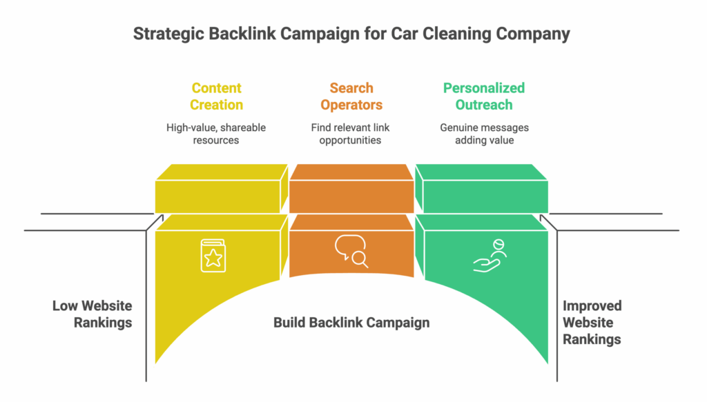 The Backlink Strategy That Fueled Growth A diagram showing three pillars of a backlink campaign - Content Creation, Search Operators, Personalized Outreach - leading from low to improved website rankings for a car cleaning company by affordable SEO Services Toronto
