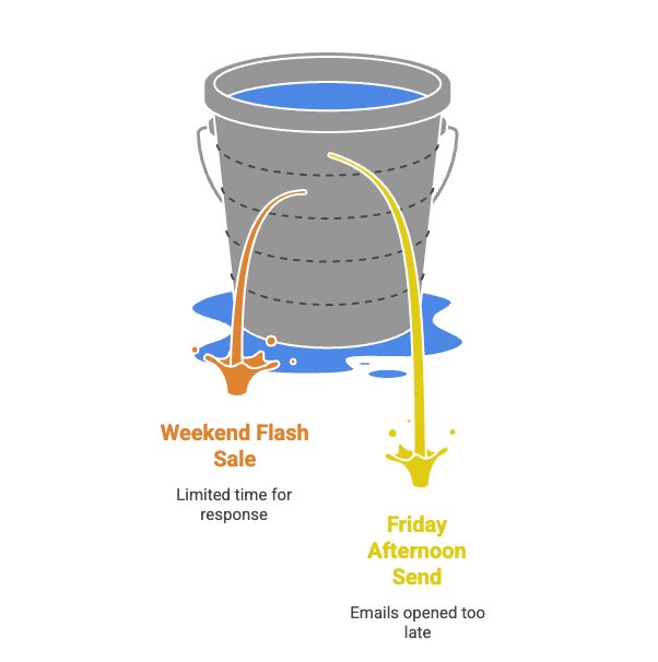 The Right Message at the Right Time: Why Timing Is the Most Underrated Marketing Skill 2 Illustration of a gray bucket with water splashing out. One splash is labeled “Weekend Flash Sale, Limited time for response” and the other “Friday Afternoon Send, Emails opened too late.”. by Digital 6ix, best b2b marketing agency