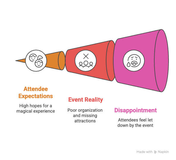 A funnel diagram with three stages: Attendee Expectations (smiling faces), Event Reality (unhappy faces), and Disappointment (crying face). Each stage includes brief descriptive text.