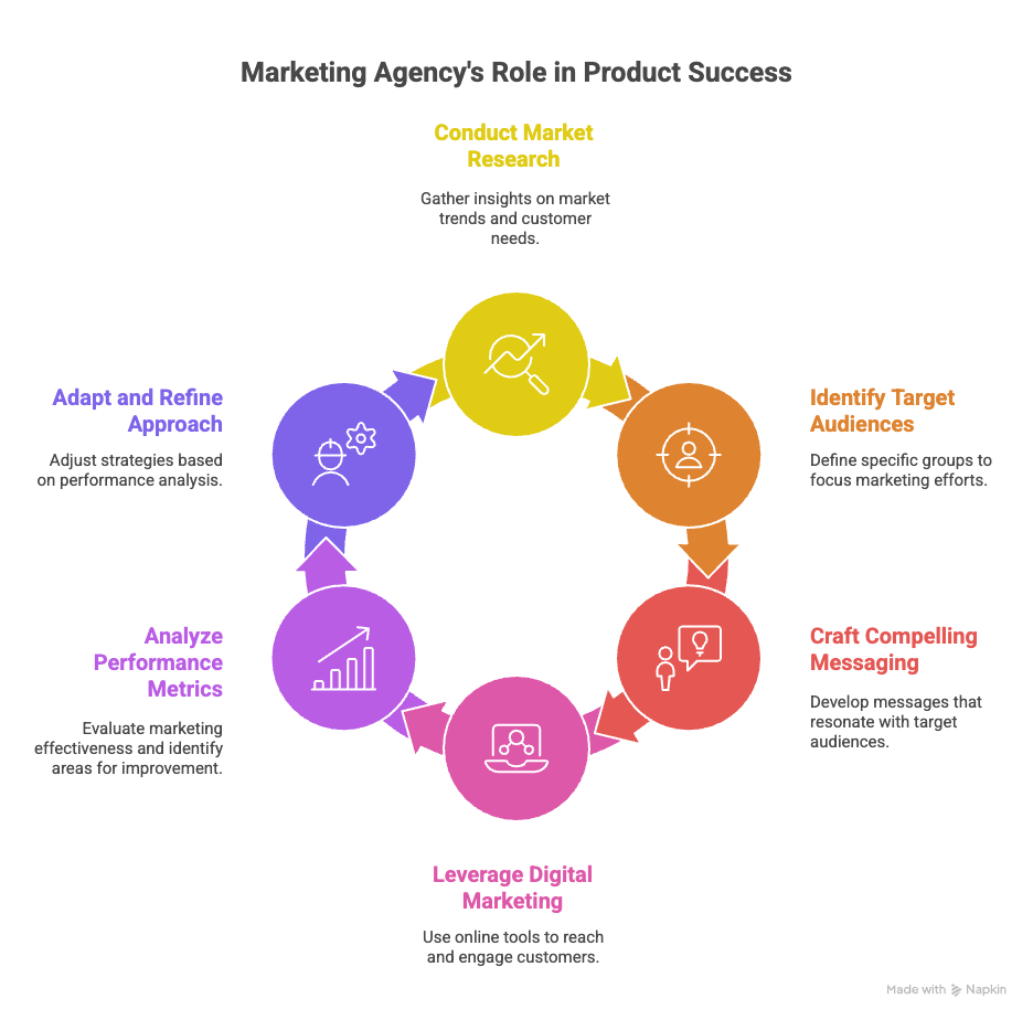 A circular flowchart titled Marketing Agencys Role in Product Success shows six steps: conduct market research, identify target audiences, craft messaging, leverage digital marketing, analyze metrics, and adapt approach. Each step has an icon.