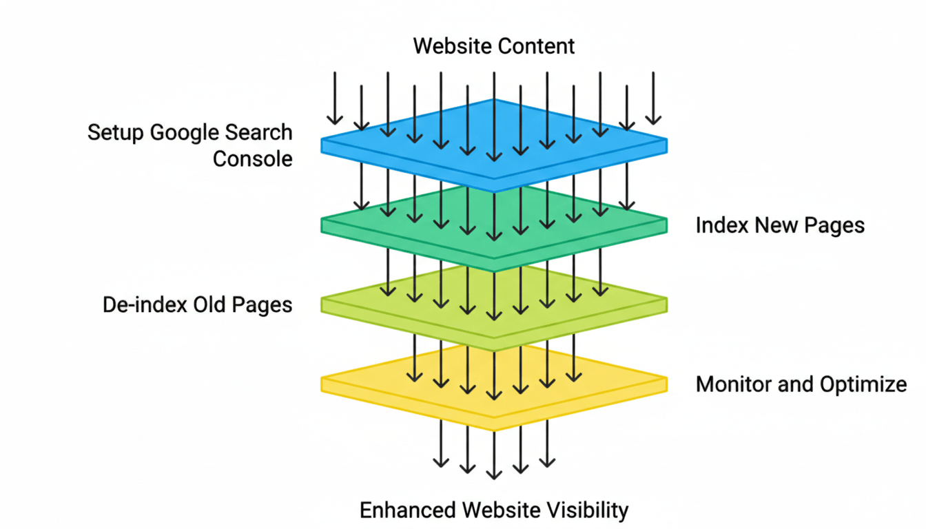 A layered diagram showing steps to enhance website visibility: setup Google Search Console, de-index old pages, optimize content, index new pages, monitor results, with arrows connecting each layer.