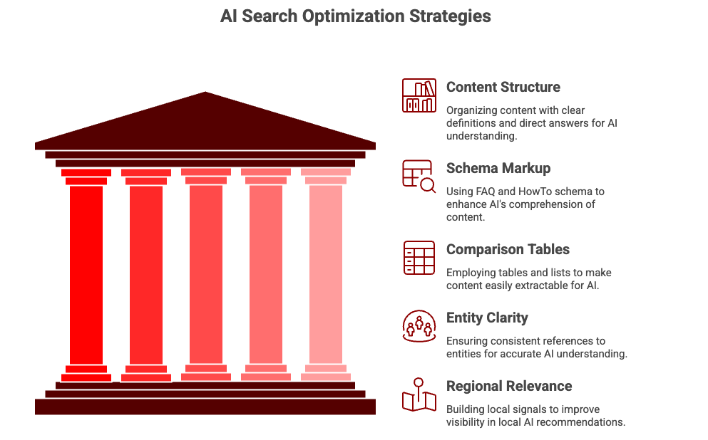 AI search optimization strategies including schema markup, entity clarity, and structured content.