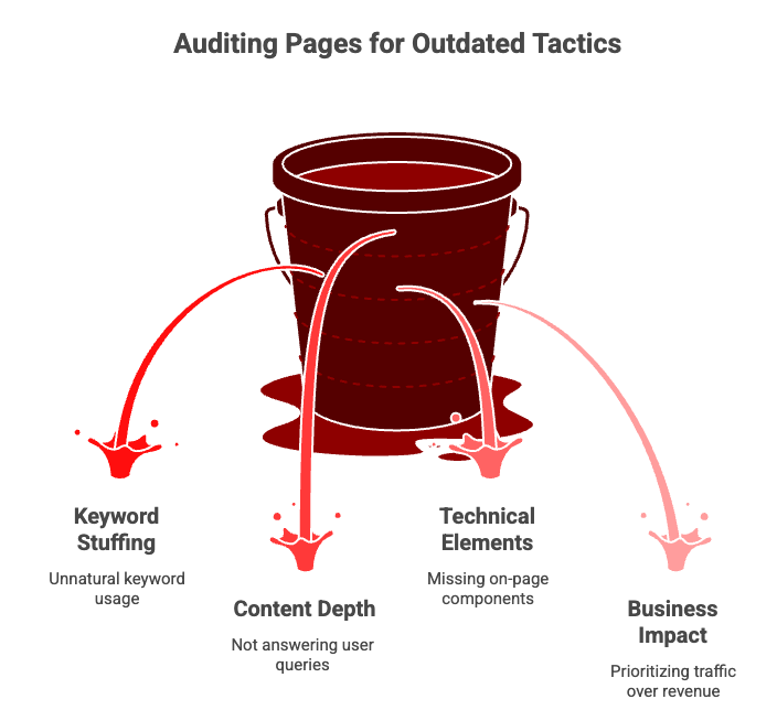 Auditing web pages for outdated SEO tactics like keyword stuffing and missing technical elements.