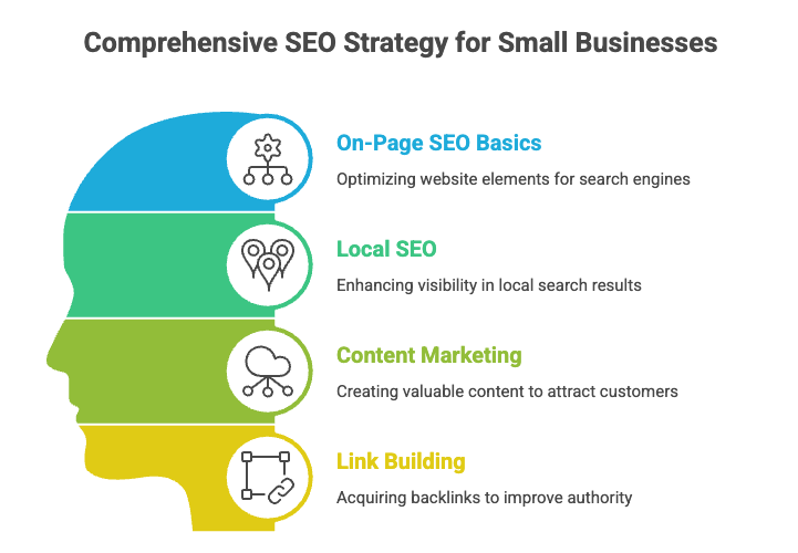 Comprehensive SEO strategy for small businesses including on-page SEO basics, local SEO, content marketing, and link building