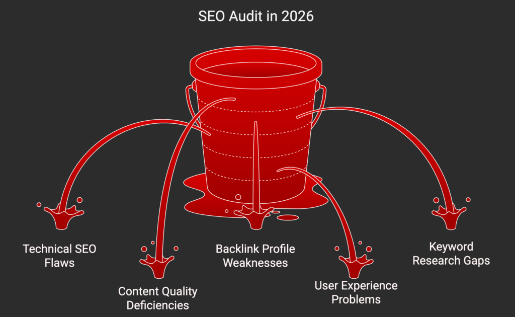 SEO Audit Checklist 2026: 47 Things to Check Before You Do Anything Else 4 Illustration of an SEO audit in 2026 showing a leaking bucket labeled technical SEO flaws, content quality deficiencies, backlink weaknesses, keyword research gaps, and user experience problems.