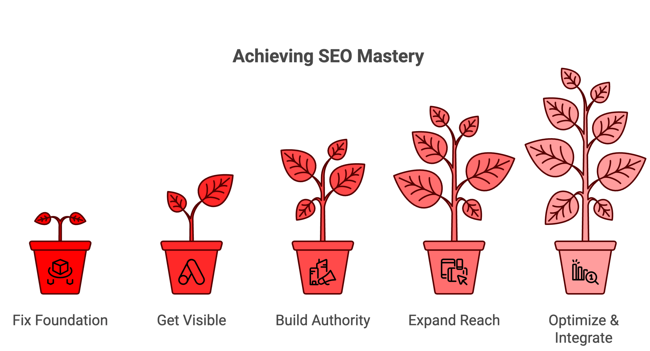 Illustration of growing plants representing staged SEO implementation, from fixing website foundations to building authority, expanding reach, and integrating advanced optimization strategies.