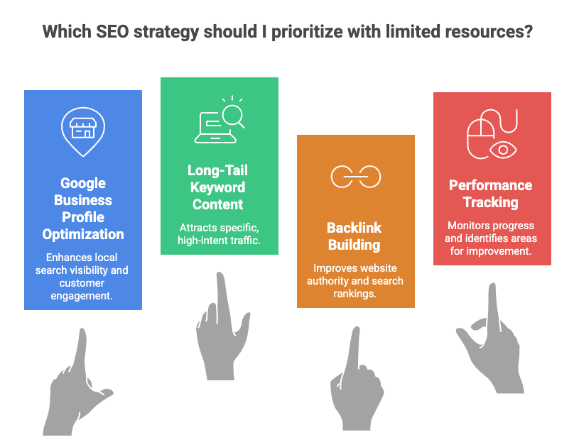 How to Develop a Small Business SEO Strategy on Any Budget 4 Small business SEO priorities with limited budget including Google Business Profile optimization, long-tail keyword content, backlink building, and performance tracking