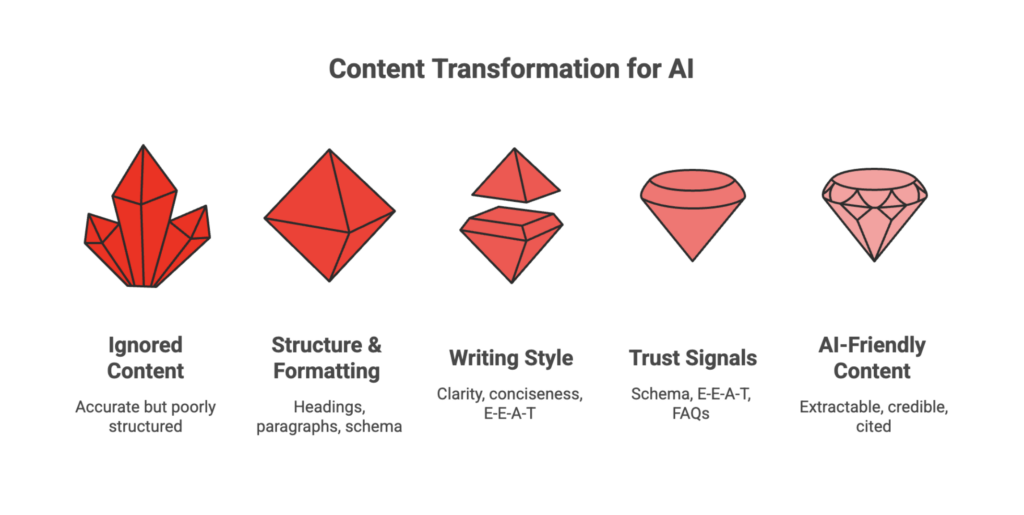 How to Write Content That AI Tools Can Extract and Trust 2 Content transformation process showing how structure, writing style, and trust signals create AI-friendly content