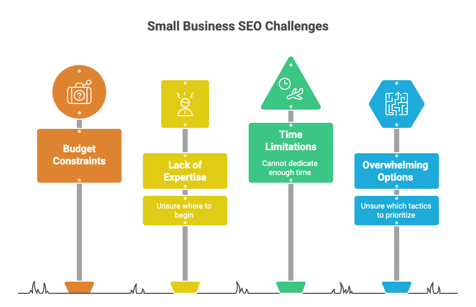 Small Business SEO challengess Small business SEO challenges such as budget constraints, lack of expertise, time limitations, and difficulty prioritizing SEO tactics