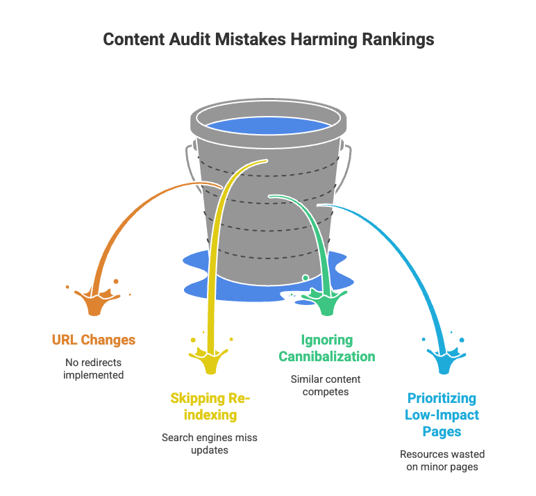 Diagram showing common content audit mistakes including URL changes, cannibalization, and indexing issues