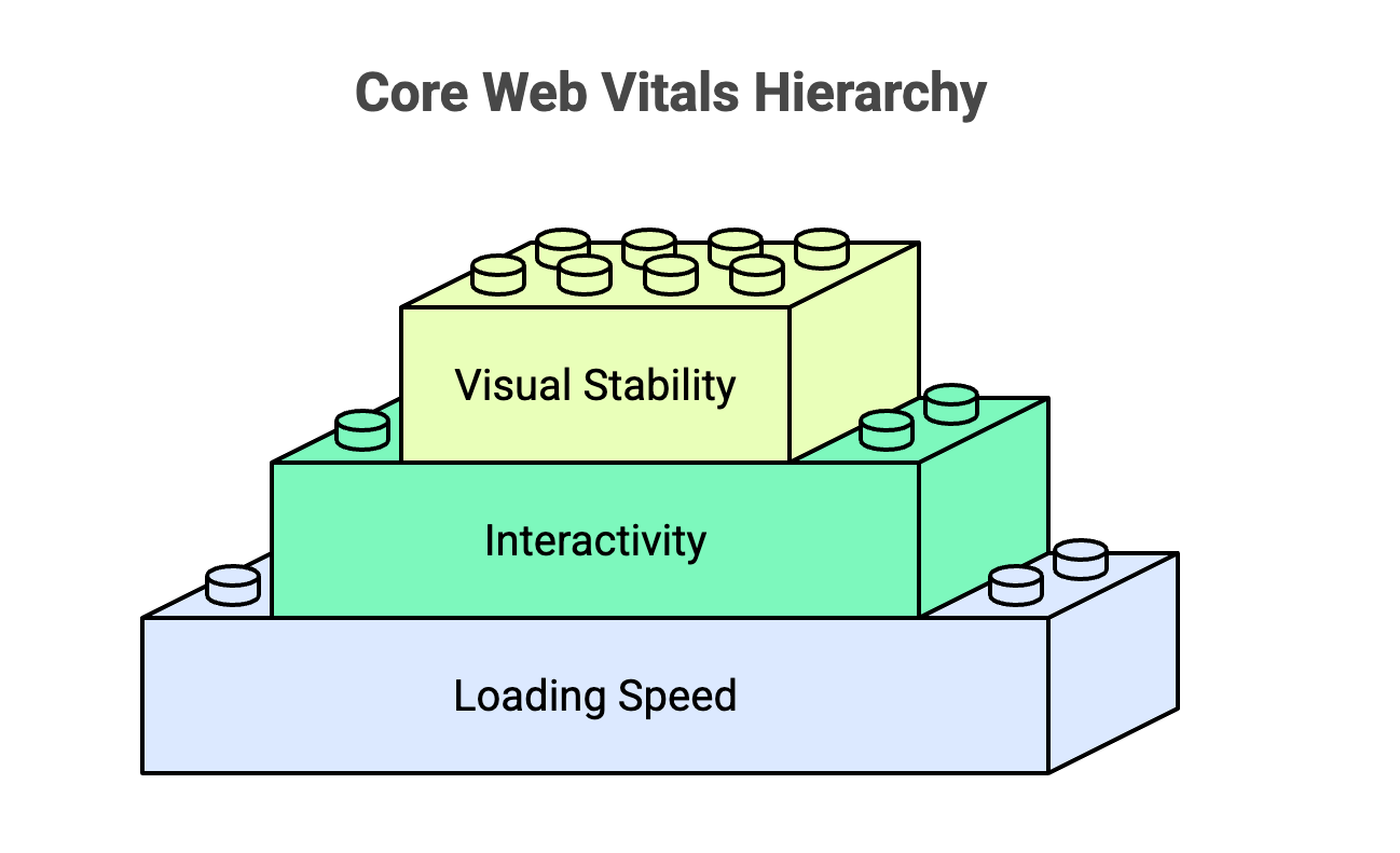Core Web Vitals Hierarchy Core Web Vitals hierarchy visual showing loading speed as foundation, interactivity in the middle, and visual stability at the top.