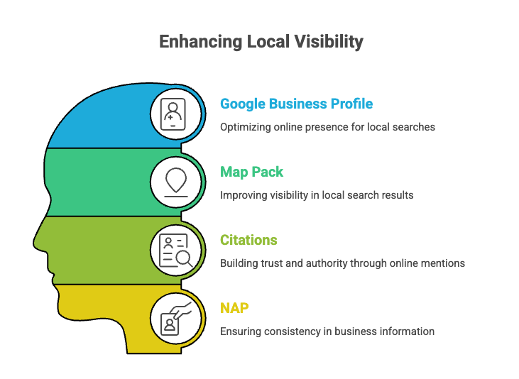 Local SEO visibility diagram highlighting Google Business Profile, Map Pack rankings, citations, and NAP consistency.