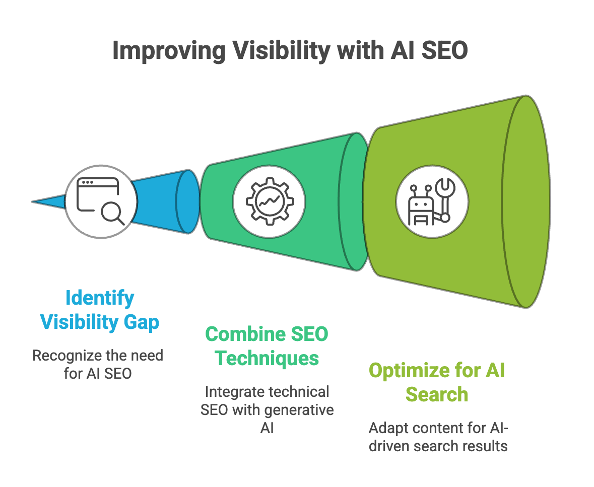 Improving Visibility with AI SEO Funnel diagram illustrating three steps to improve search visibility with Best AI SEO agencies in Toronto: identify the visibility gap, combine SEO techniques, and optimize for AI search.