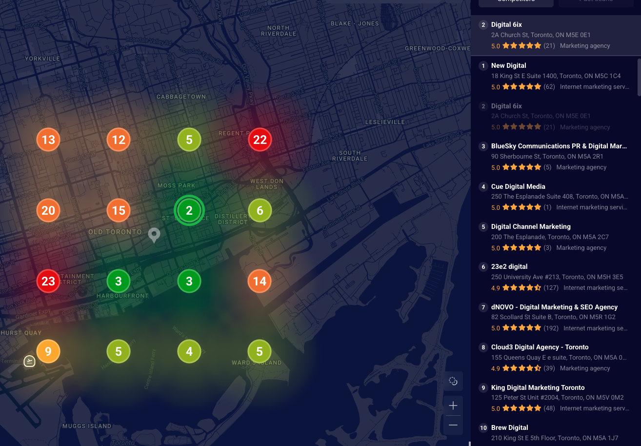 Local ranking grid heatmap showing keyword position variations across different geographic points in a city.