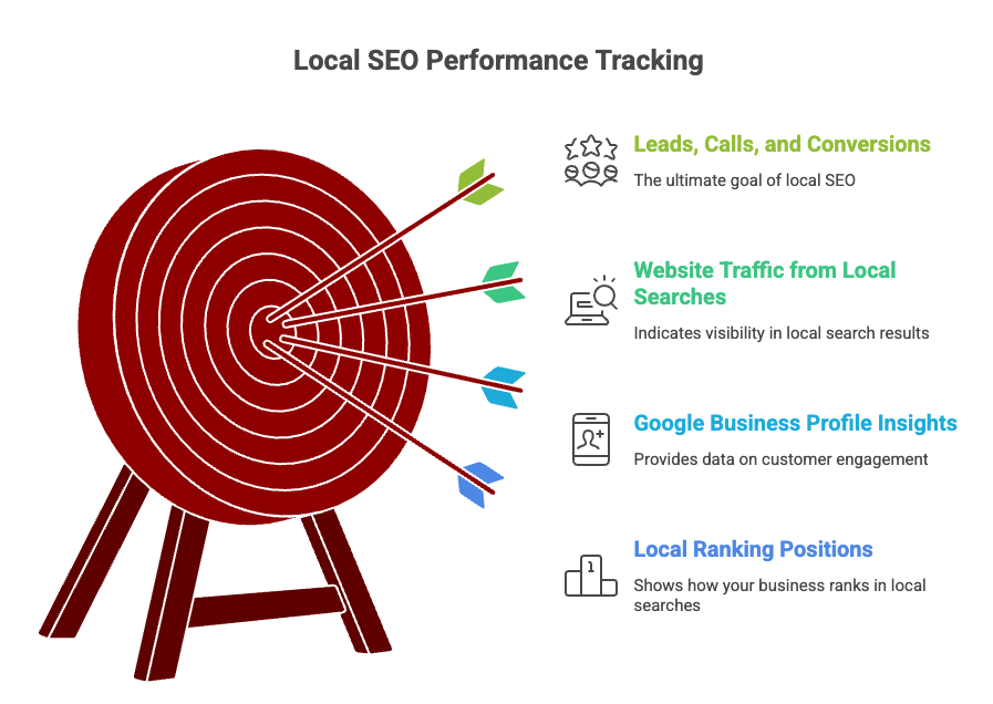 Target board visual representing local SEO performance tracking including leads, calls, website traffic, Google Business Profile insights, and local ranking positions.