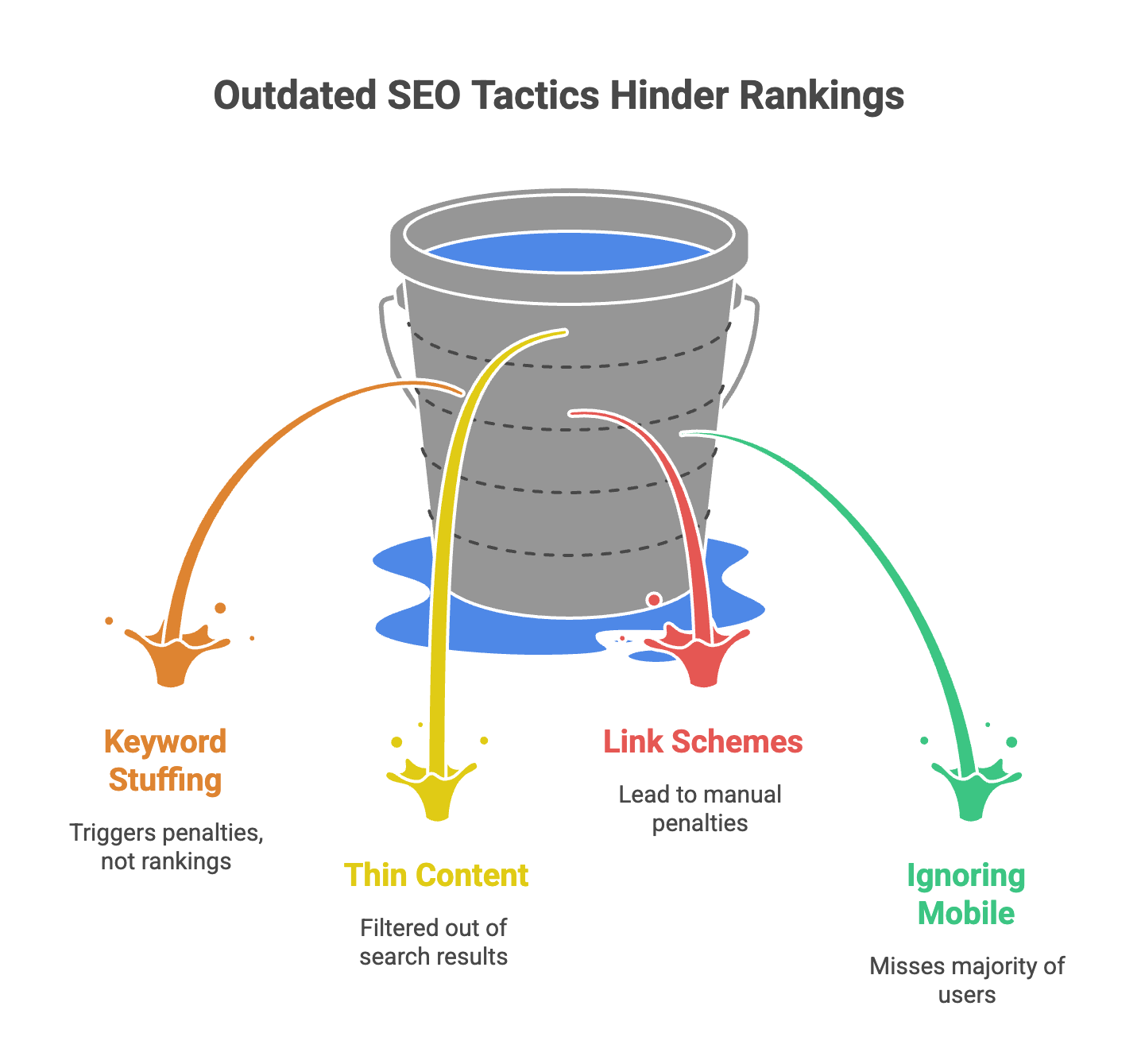 Not Getting Traffic? The 10 Best AI SEO Agencies in Toronto That Can Fix That 1 Leaky bucket infographic showing four outdated SEO tactics that hurt search rankings: keyword stuffing, thin content, link schemes, and ignoring mobile.