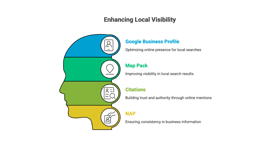 Local SEO visibility diagram highlighting Google Business Profile, Map Pack rankings, citations, and NAP consistency.