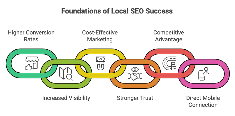 Diagram showing the foundations of local SEO success including higher conversion rates, cost-effective marketing, competitive advantage, increased visibility, stronger trust, and direct mobile connection.
