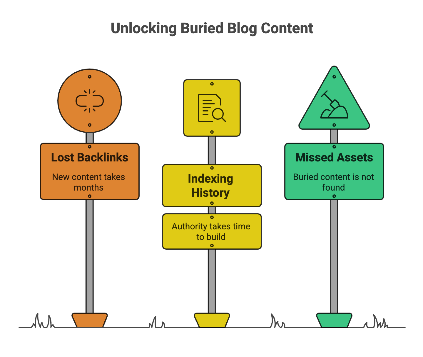 Reasons blog content becomes buried including lost backlinks, indexing history, and missed assets