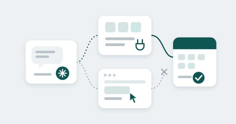 Illustration of a chat card on the left sending an agent along two dotted paths: one to a platform card with a plug icon that leads to a calendar card with a check mark, and one to a browser window with a cursor that is blocked by a cross