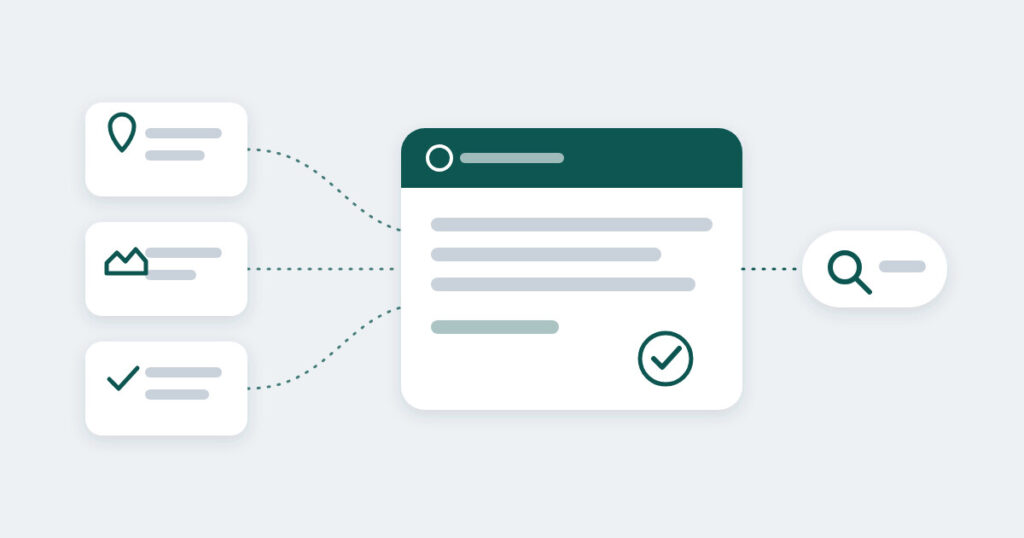 Google Now Shows an AI Answer When People Search Your Business Name. Here's How to Check and Fix It 1 Three listing cards for a map pin, a directory and a verified fact feed through dotted lines into one AI answer card, linked to a search box