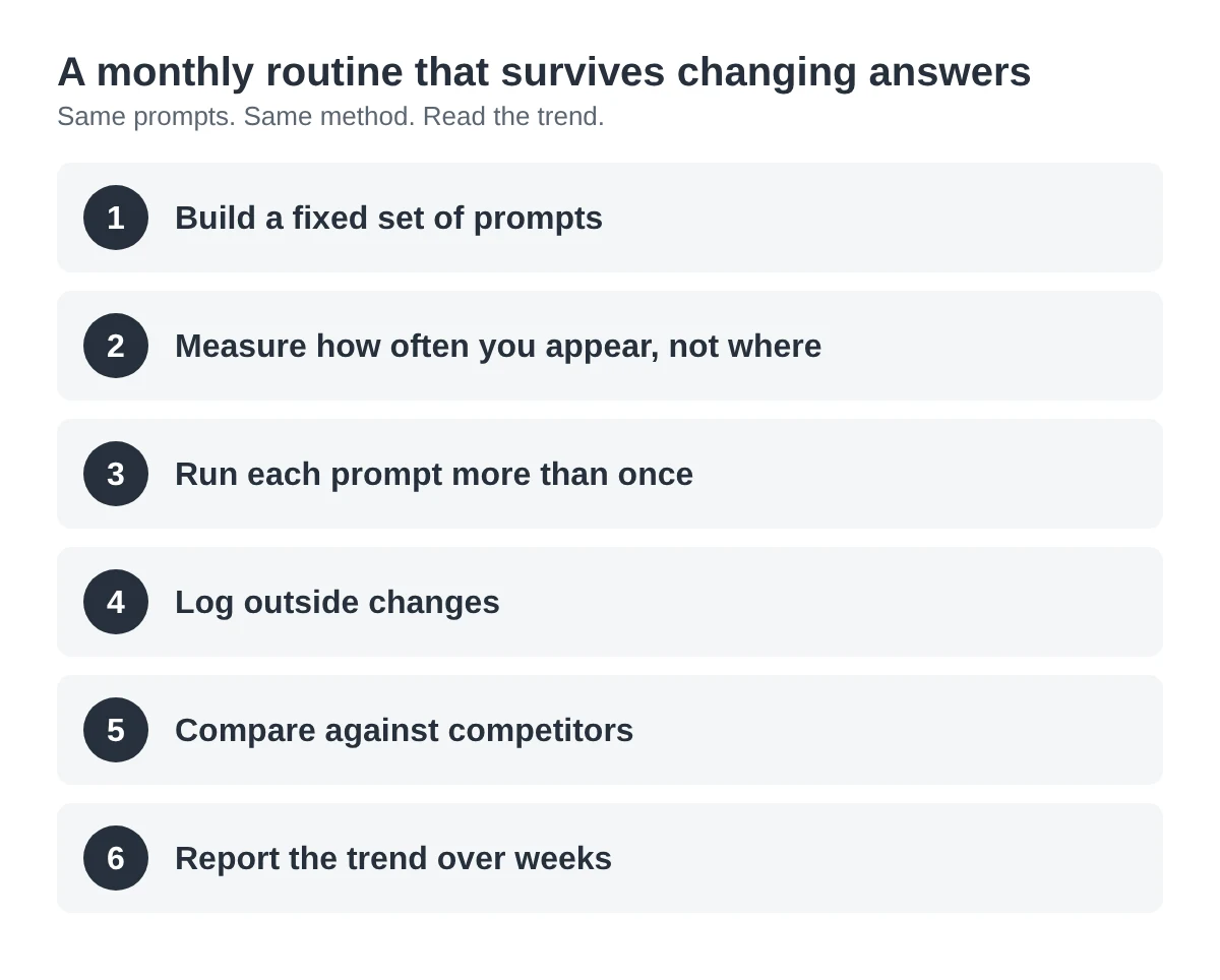 Six numbered steps of a monthly AI visibility routine: fixed prompts, measure how often you appear, run prompts more than once, log outside changes, compare to competitors, report the trend