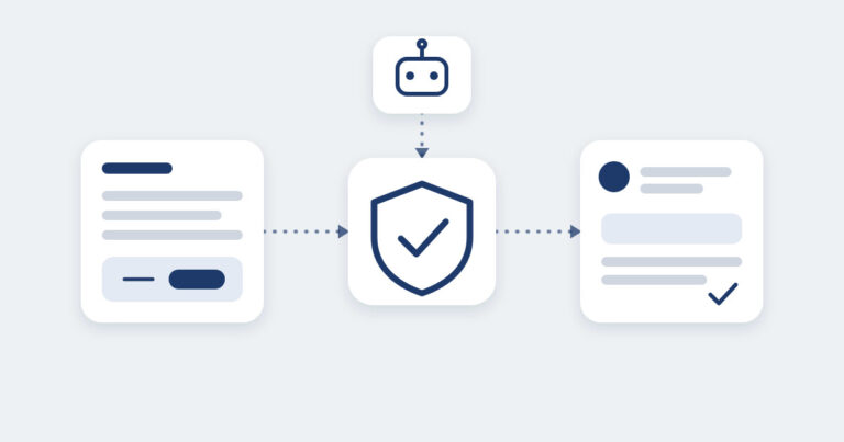 Light grey-blue infographic: a web page card connects through a shield with a check mark, fed by a small robot icon, to an answer card