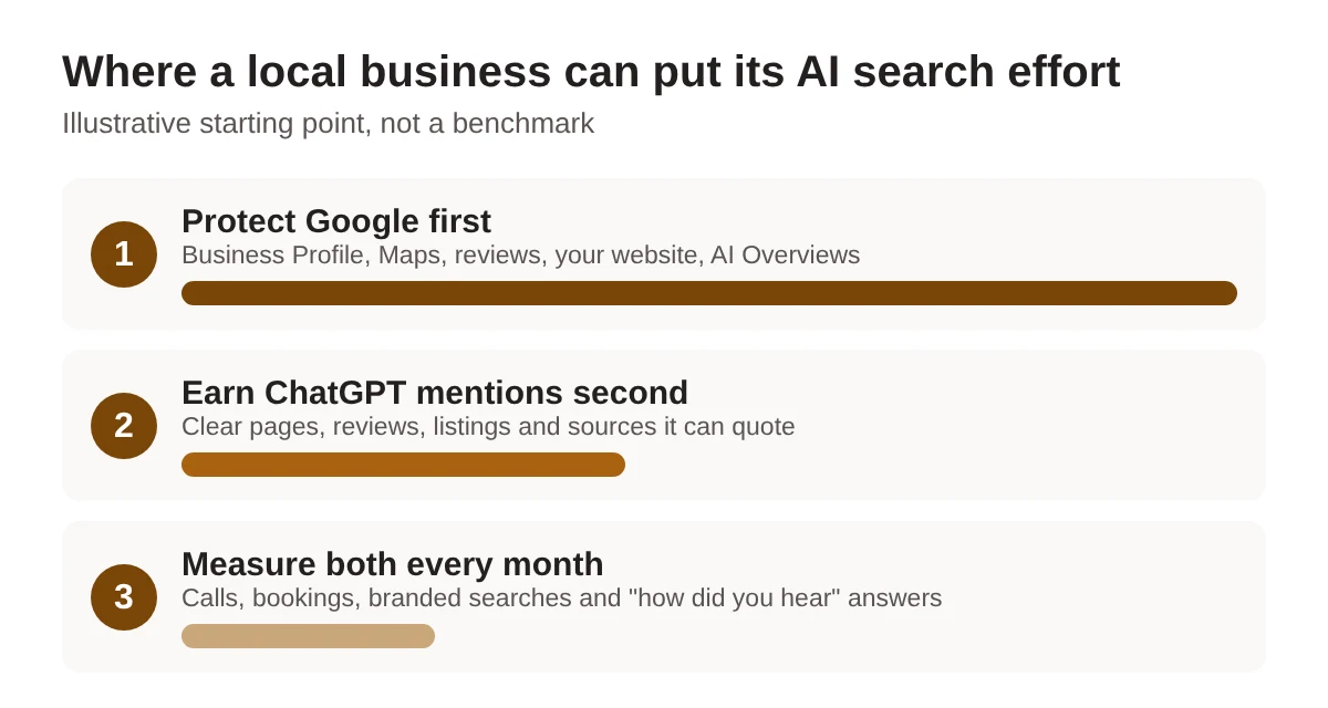 Three-step priority list: protect Google first, earn ChatGPT mentions second, measure both every month