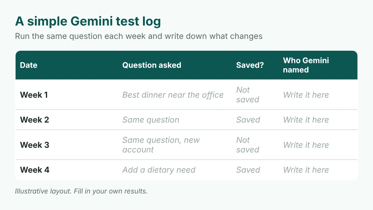 Gemini Now Picks Restaurants and Shops From Your Customers’ Own Google Maps Saves. Here’s How to Be on Their List 5 A weekly test log table with columns for date, question asked, saved or not, and who Gemini named