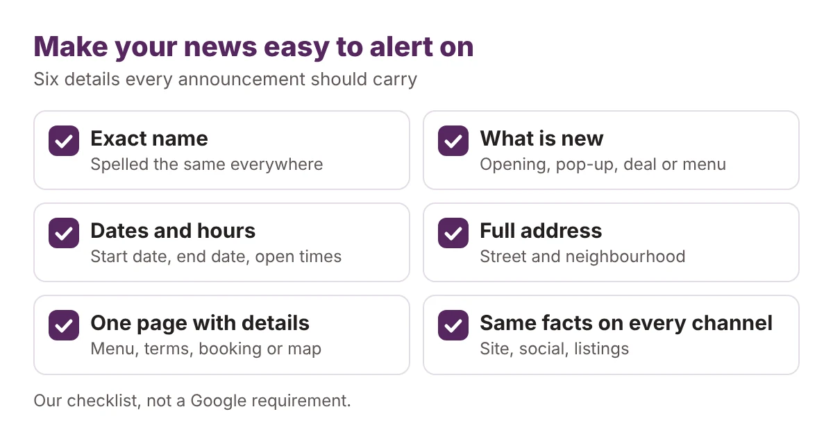 Checklist of six details every announcement should include: exact name, what is new, dates and hours, full address, one page with details, and the same facts on every channel