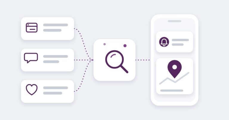 Illustration of website, forum and social cards feeding a magnifying glass, which leads to a phone showing a bell notification and a map pin