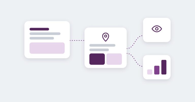 A text card connects to a map pin card, which connects to an eye icon card and a rising bar chart card