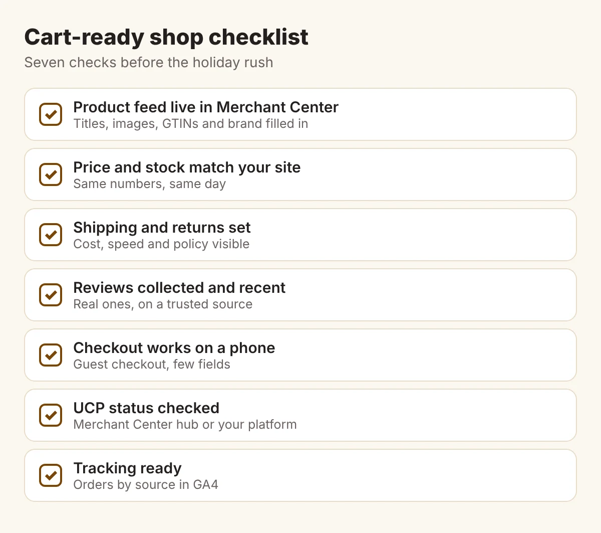 Google's Universal Cart Is Live: How Small Online Shops Get Into AI Shopping Carts Before Black Friday 4 Seven item checklist for cart-ready shops: product feed, price and stock, shipping and returns, reviews, mobile checkout, UCP status and tracking