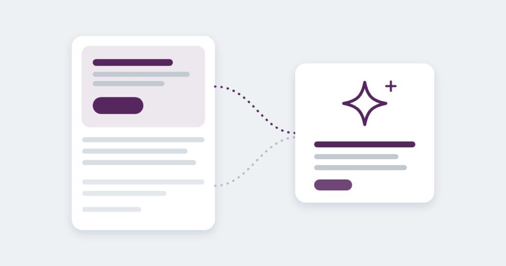 A web page card with a highlighted top section and button, connected by dotted lines to an AI answer card with a sparkle icon