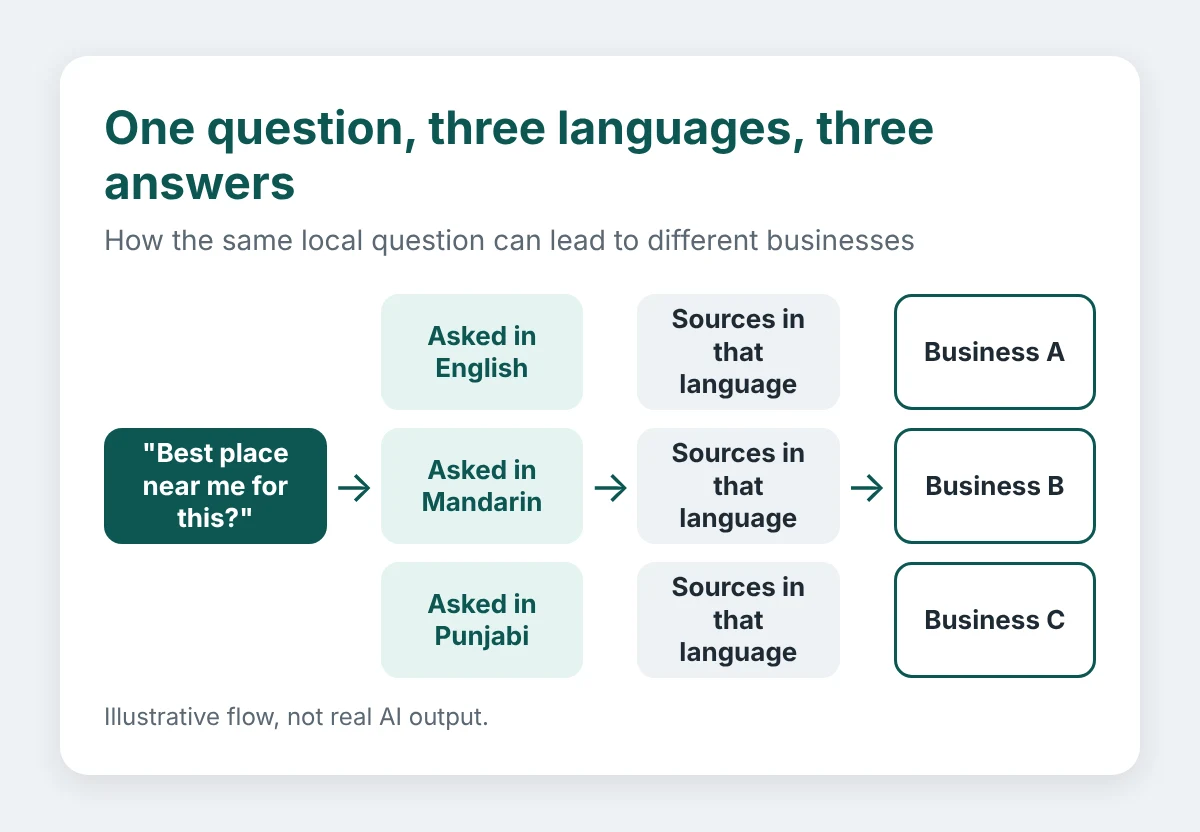 Illustrative flow: one local question asked in English, Mandarin and Punjabi leads to sources in each language and then to three different businesses