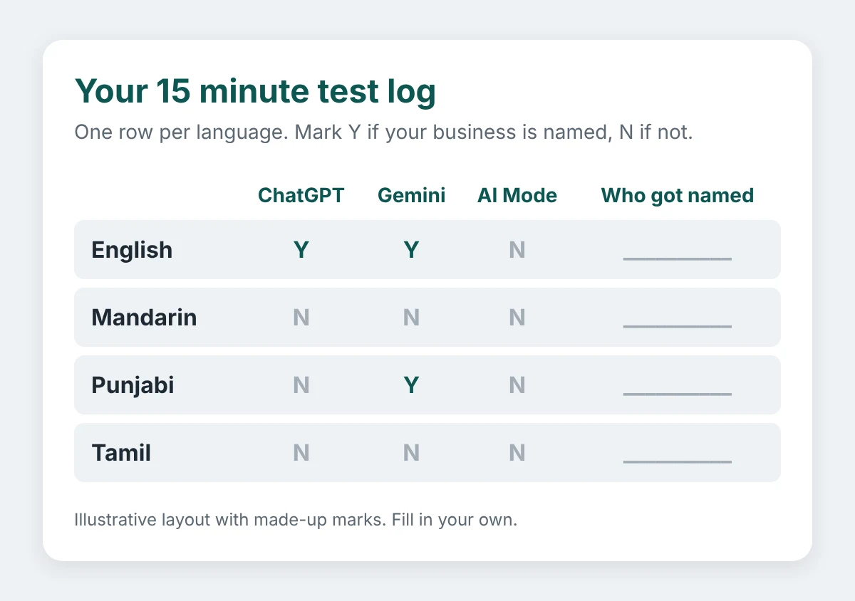 Illustrative test log with a row for each language and columns for ChatGPT, Gemini and AI Mode, plus a space to note who got named