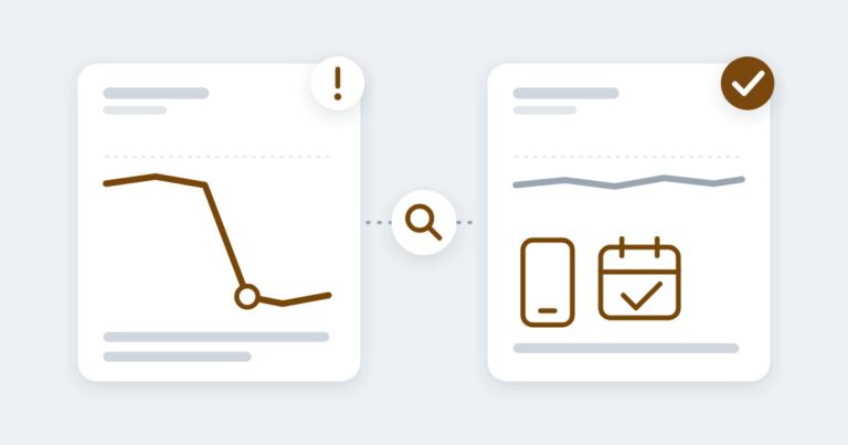 Two report cards side by side: one with a line chart dropping and a warning mark, the other with a steady line, a phone and a calendar check, joined by a magnifying glass