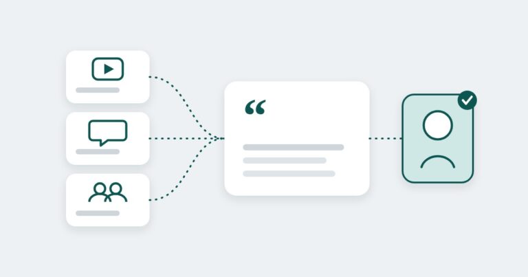 Three social cards with a video icon, a chat bubble and a group icon feed a quote card, which leads to a highlighted creator profile card with a checkmark